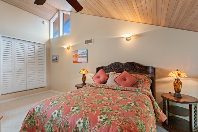 carpeted bedroom featuring wooden ceiling, high vaulted ceiling, and ceiling fan