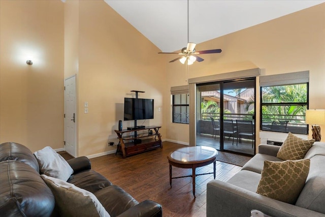 living room featuring high vaulted ceiling, ceiling fan, and dark hardwood / wood-style floors