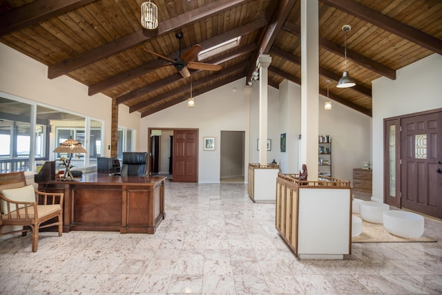 office with ceiling fan, beamed ceiling, high vaulted ceiling, and wood ceiling