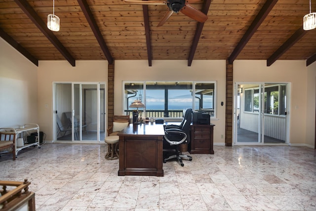 office featuring beam ceiling, ceiling fan, high vaulted ceiling, and wooden ceiling