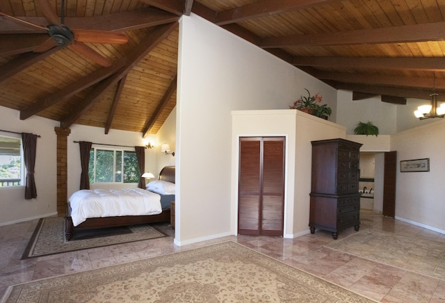 unfurnished bedroom with multiple windows, a closet, high vaulted ceiling, and wood ceiling