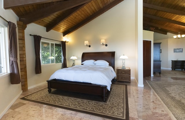 bedroom featuring beam ceiling, high vaulted ceiling, and wood ceiling