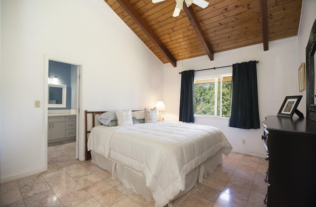 bedroom featuring ceiling fan, beamed ceiling, high vaulted ceiling, ensuite bathroom, and wood ceiling