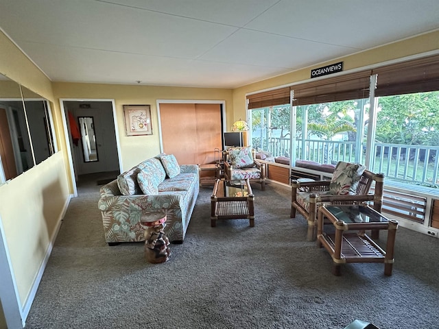 living room with dark colored carpet