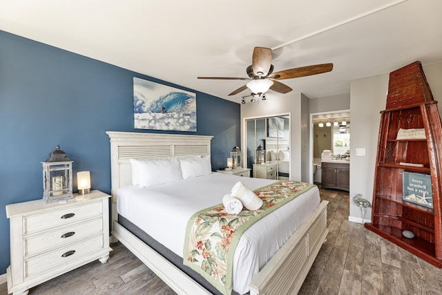 bedroom with ceiling fan and ensuite bathroom