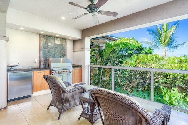 interior space with area for grilling, ceiling fan, and a patio area