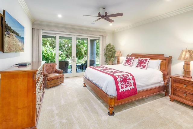 bedroom featuring ceiling fan, access to exterior, ornamental molding, light carpet, and french doors