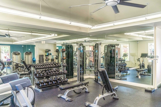 workout area with ceiling fan and plenty of natural light