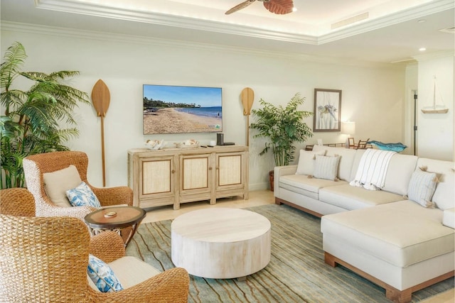 interior space featuring crown molding and ceiling fan