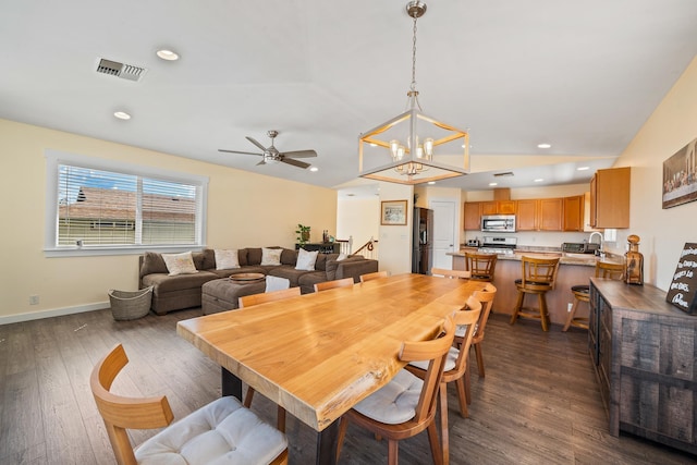 dining area with recessed lighting, visible vents, baseboards, and dark wood finished floors