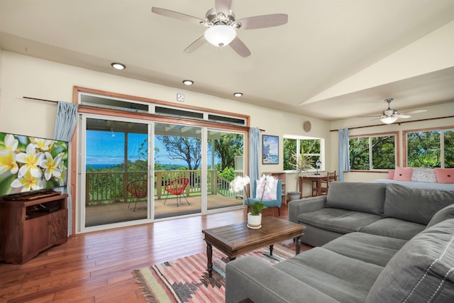 698 Kaupakalua Rd Unit A, Haiku, HI 96708 - living room with ceiling fan, lofted ceiling, wood-type flooring, and recessed lighting