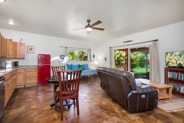 698 Kaupakalua Rd Unit A, Haiku, HI 96708 - living area with ceiling fan, finished concrete floors, and healthy amount of natural light