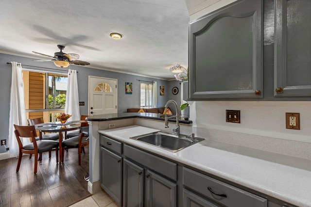 kitchen featuring ceiling fan, ornamental molding, hardwood / wood-style flooring, and sink