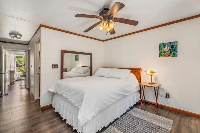 bedroom featuring ceiling fan, crown molding, and dark wood-type flooring