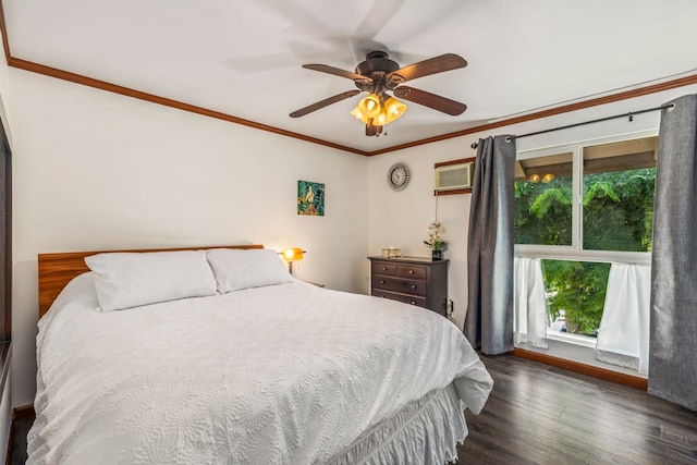 bedroom featuring ornamental molding, a wall unit AC, ceiling fan, and dark wood-type flooring