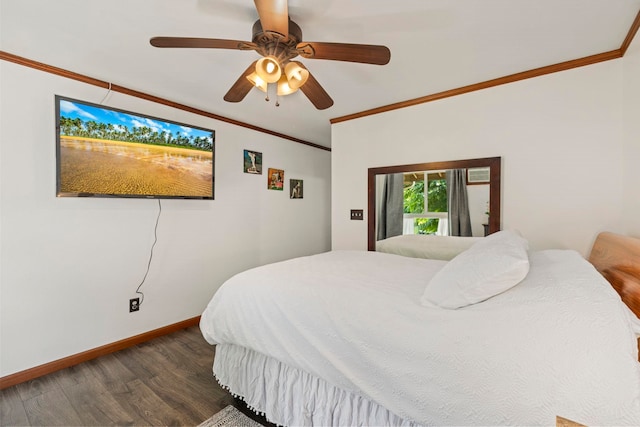 bedroom with ceiling fan, dark hardwood / wood-style floors, and crown molding