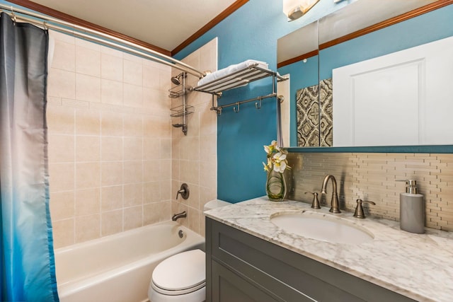 full bathroom featuring vanity, shower / tub combo with curtain, toilet, and decorative backsplash