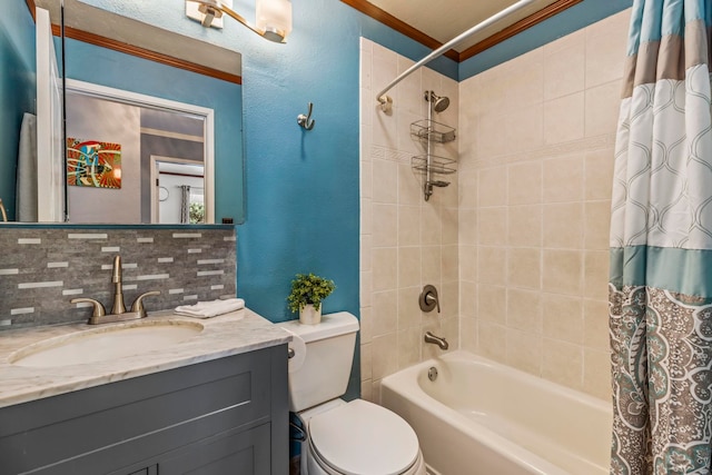 full bathroom with backsplash, crown molding, shower / tub combo with curtain, vanity, and toilet