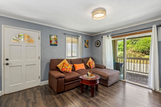 living room featuring crown molding, dark hardwood / wood-style flooring, and a healthy amount of sunlight