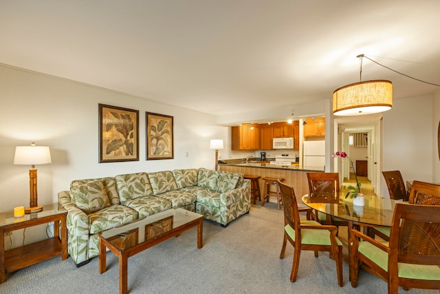 living room with sink and light carpet