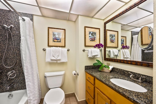 full bathroom with shower / tub combo, vanity, toilet, and tile patterned floors