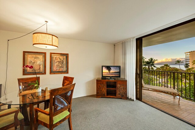 carpeted dining space with floor to ceiling windows