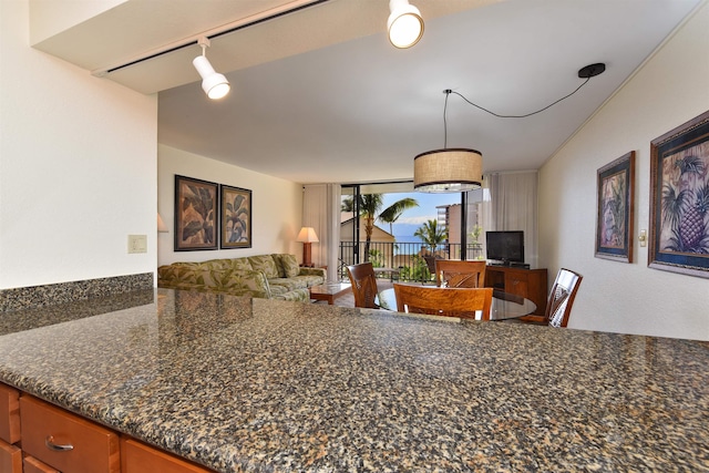 kitchen with dark stone counters and track lighting