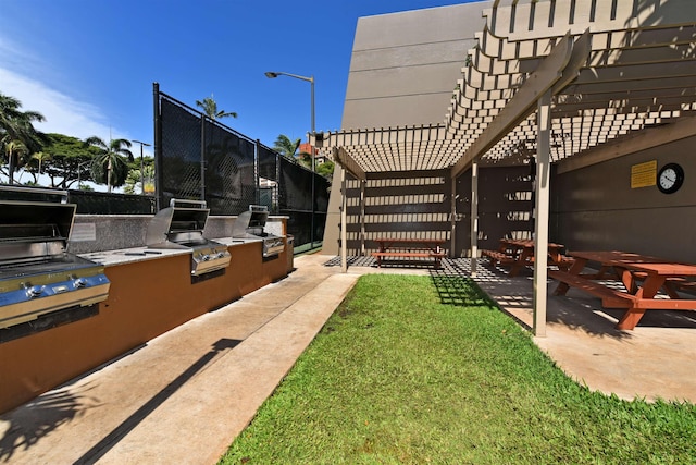 view of yard featuring a pergola, exterior kitchen, and a patio