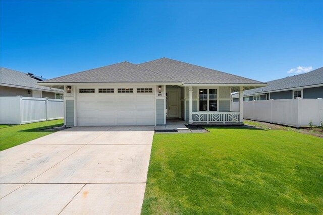 single story home with fence, a garage, concrete driveway, a front yard, and a porch