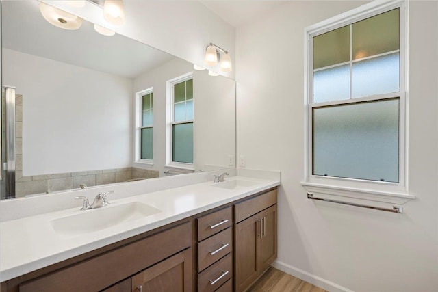 bathroom with baseboards, double vanity, a sink, and wood finished floors