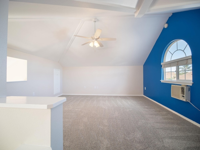 bonus room with carpet, lofted ceiling with beams, and ceiling fan