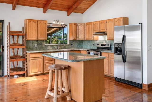 kitchen with vaulted ceiling with beams, a sink, stainless steel appliances, under cabinet range hood, and backsplash