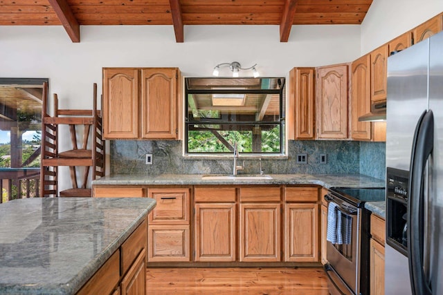 kitchen featuring a sink, appliances with stainless steel finishes, ventilation hood, and wood ceiling