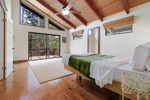 bedroom featuring high vaulted ceiling, beam ceiling, light wood-style flooring, access to exterior, and wood ceiling