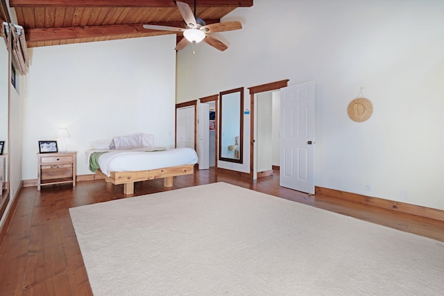 bedroom featuring a ceiling fan, high vaulted ceiling, dark wood-style flooring, wood ceiling, and beamed ceiling