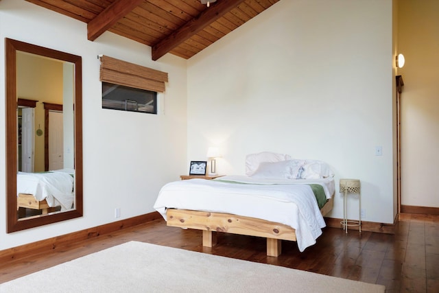 bedroom featuring hardwood / wood-style flooring, vaulted ceiling with beams, wood ceiling, and baseboards