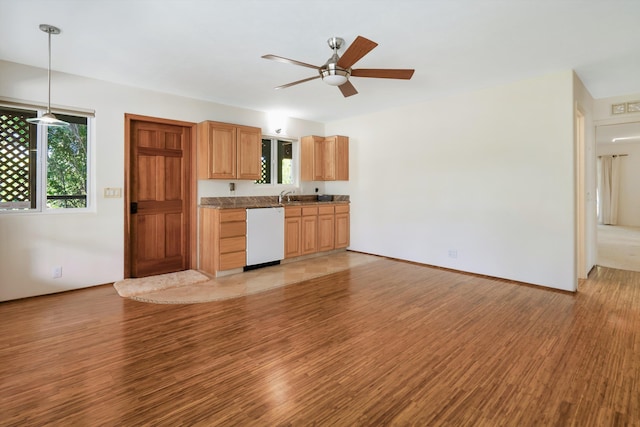 kitchen with light wood-style flooring, dishwasher, a ceiling fan, and a sink