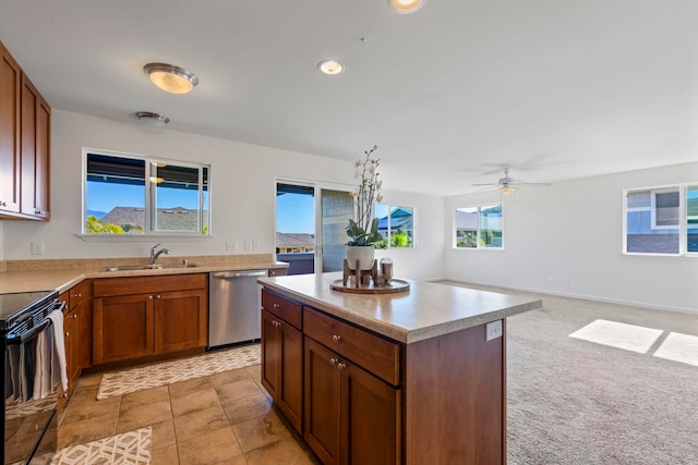 kitchen with ceiling fan, dishwasher, a center island, sink, and black / electric stove