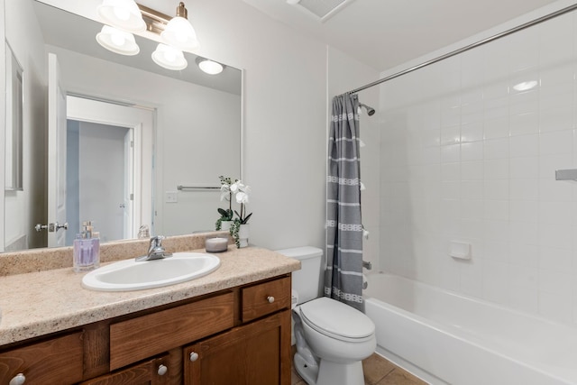 full bathroom with tile patterned flooring, vanity, toilet, and shower / bathtub combination with curtain