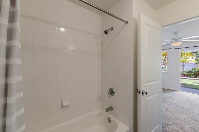 bathroom with ceiling fan and shower / bathtub combination with curtain