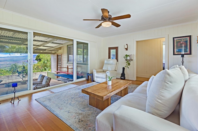 219 Ekoa Pl, Wailuku, HI 96763 - living room featuring ceiling fan, wood finished floors, and crown molding
