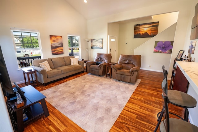 living room featuring wood-type flooring and high vaulted ceiling