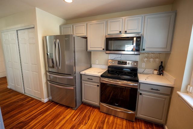 kitchen with light stone counters, dark hardwood / wood-style flooring, gray cabinets, and stainless steel appliances