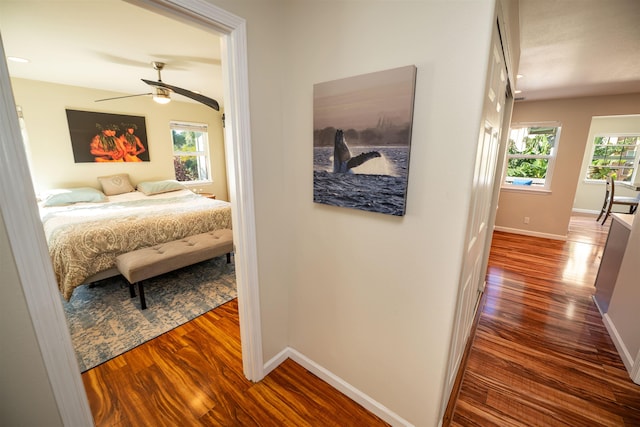 bedroom featuring hardwood / wood-style flooring and ceiling fan