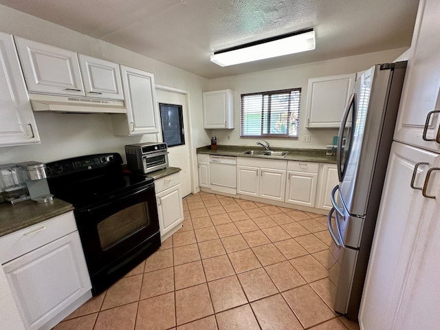 kitchen with white cabinets, black range with electric cooktop, white dishwasher, stainless steel fridge, and light tile patterned floors