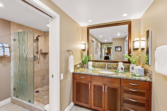 50 Nohea Kai Dr Unit 2-702, Lahaina, HI 96761 - full bathroom featuring a tile shower, vanity, recessed lighting, and tile patterned flooring