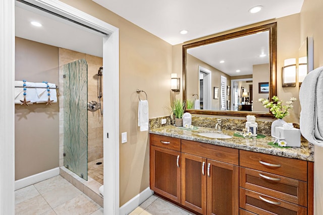 50 Nohea Kai Dr Unit 2-702, Lahaina, HI 96761 - full bathroom featuring vanity, a stall shower, tile patterned flooring, and recessed lighting