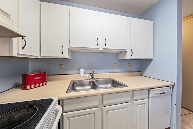 kitchen featuring white cabinetry, sink, and white dishwasher