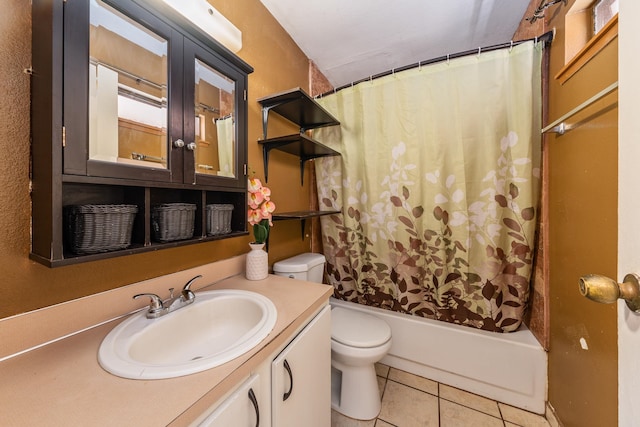 full bathroom featuring tile patterned flooring, shower / tub combo, vanity, and toilet