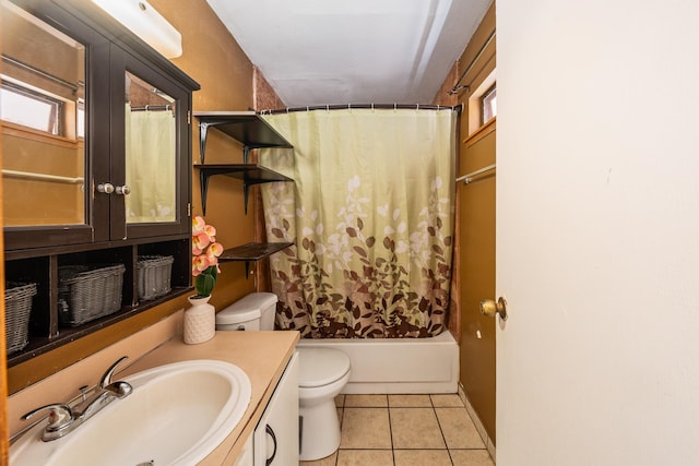 full bathroom with french doors, tile patterned flooring, toilet, shower / tub combo with curtain, and vanity